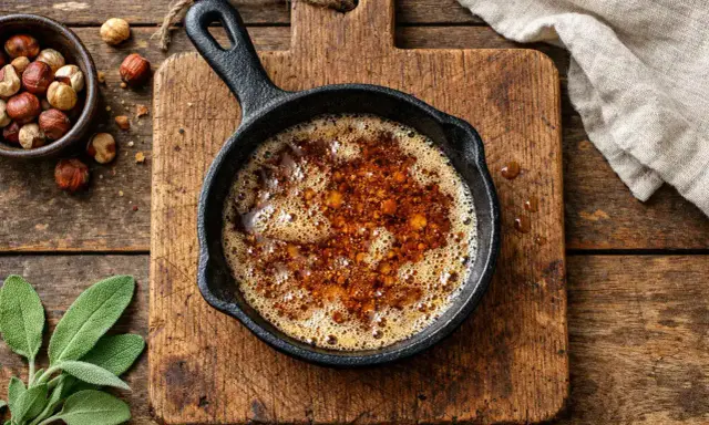 Bräunliche Butter zischt in einer Gusseisenpfanne. Daneben liegen Haselnüsse und Salbeiblätter. Das ist die Basis für köstliches Noisette.