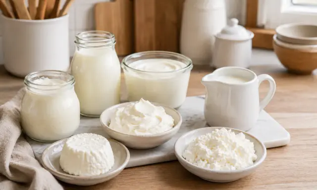 Verschiedene Milchprodukte, darunter Frischkäse, Quark und Joghurt, sind auf einem Holztisch arrangiert. Der fromage blanc deutsch ist cremig und frisch.