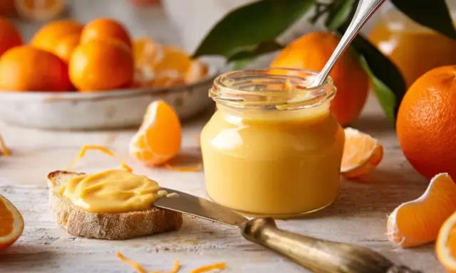 Ein Glas mit leuchtend gelbem orange curd steht neben frischen Orangen und einer Scheibe Brot, die damit bestrichen ist.