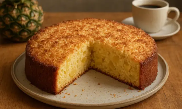 Ein saftiger **Ananas Kokos Kuchen** mit goldbrauner Kruste und Stückchen von Ananas im Inneren. Daneben eine Tasse Kaffee und eine frische Ananas.
