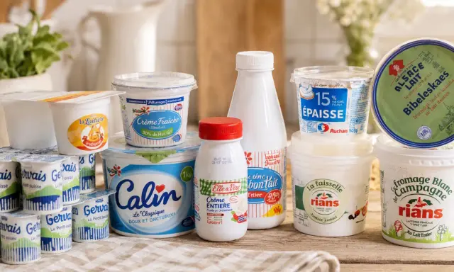 Eine Auswahl an Milchprodukten, darunter verschiedene Becher mit fromage blanc, Crème fraîche und Joghurt, auf einem Holztisch.