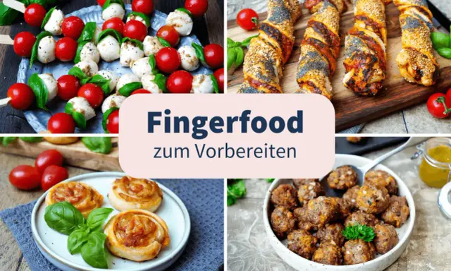 Vier Bilder zeigen Fingerfood: Caprese-Spieße, herzhafte Teigschnecken, Fleischbällchen und Blätterteigstangen mit Mohn und Sesam. Perfekt für salziges Fingerfood zum Vorbereiten!