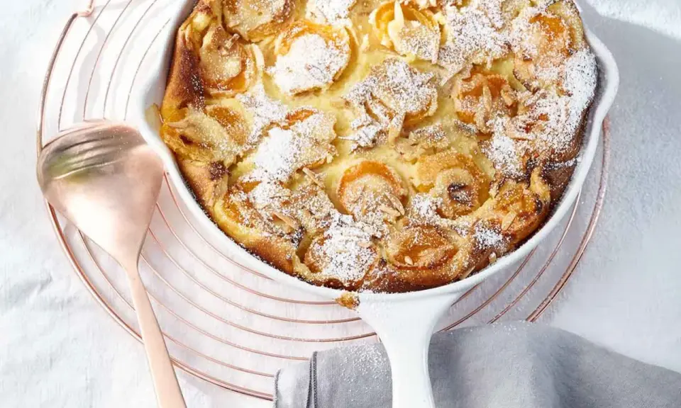 Ein goldbrauner Aprikosen Clafoutis, bestäubt mit Puderzucker und Mandelsplittern, wartet auf seine Verkostung.