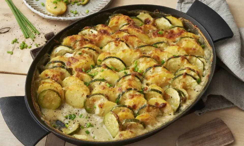 Herzhafte zucchini kartoffel rezepte: überbackene Scheiben aus Zucchini und Kartoffeln in cremiger Sauce, garniert mit Schnittlauch.