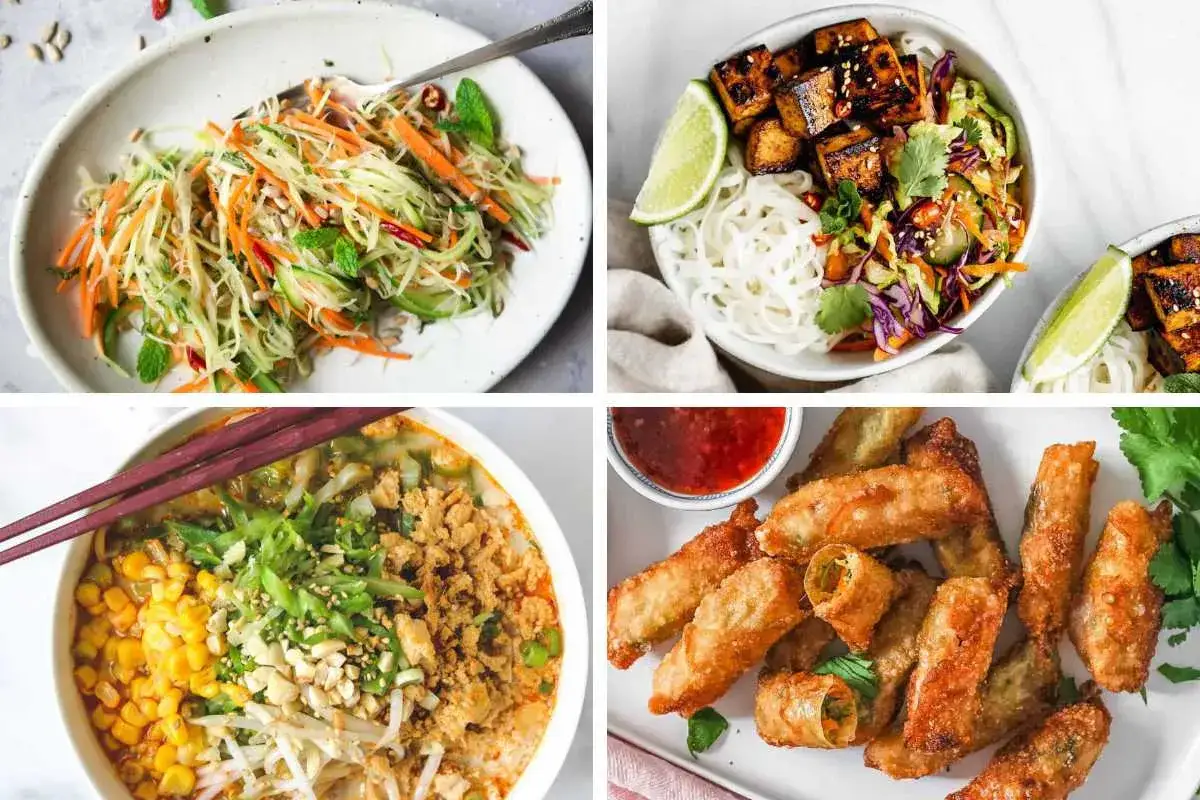 Vier leckere asiatische Rezepte vegetarisch: Salat, Tofu-Bowl, Nudelsuppe und Frühlingsrollen.