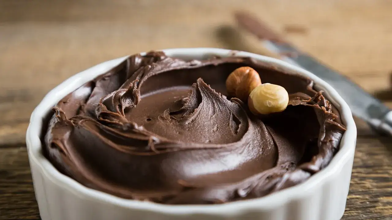 Cremige Nuss-Nougat-Creme in einer Schale, garniert mit Haseln&uuml;ssen. Perfekt zum nuss nougat creme selber machen.