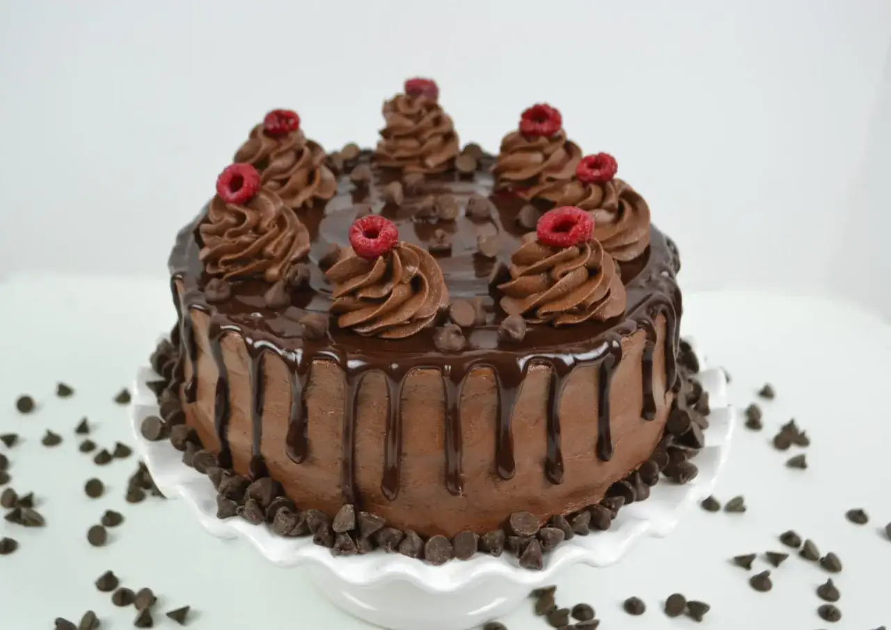 Schokoladentorte mit Himbeer-Ganache-Tupfen, Schokoladenglasur und Schokost&uuml;ckchen.
