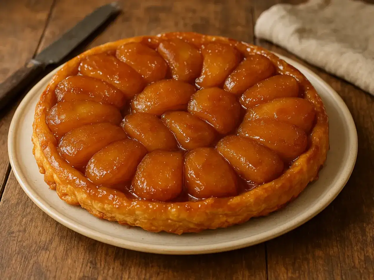 Eine köstliche, karamellisierte Apfeltarte mit goldbraunem Teig und glänzenden Apfelstücken.