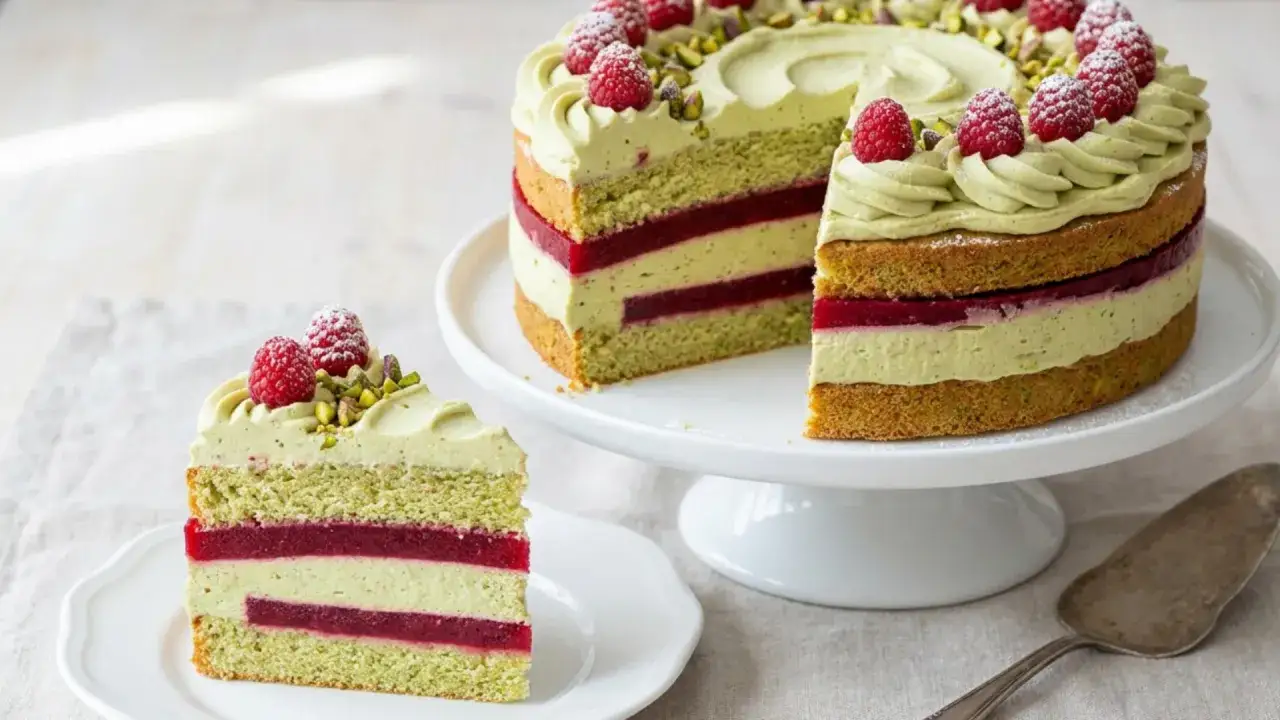 Eine wundersch&ouml;ne Pistazien Torte mit Himbeerschichten und frischen Beeren. Ein St&uuml;ck ist bereits auf einem Teller angerichtet.