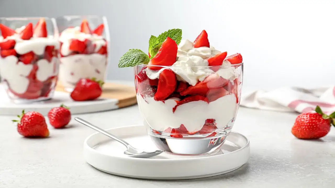 Erdbeer-Mascarpone-Creme im Glas, garniert mit frischen Erdbeeren und Minze. Ein köstlicher Genuss!