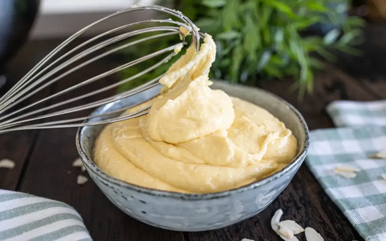 Schneebesen hebt cremige, gelbe Masse aus Sch&uuml;ssel. Perfekt f&uuml;r Rezepte mit fertiger Mandelcreme.