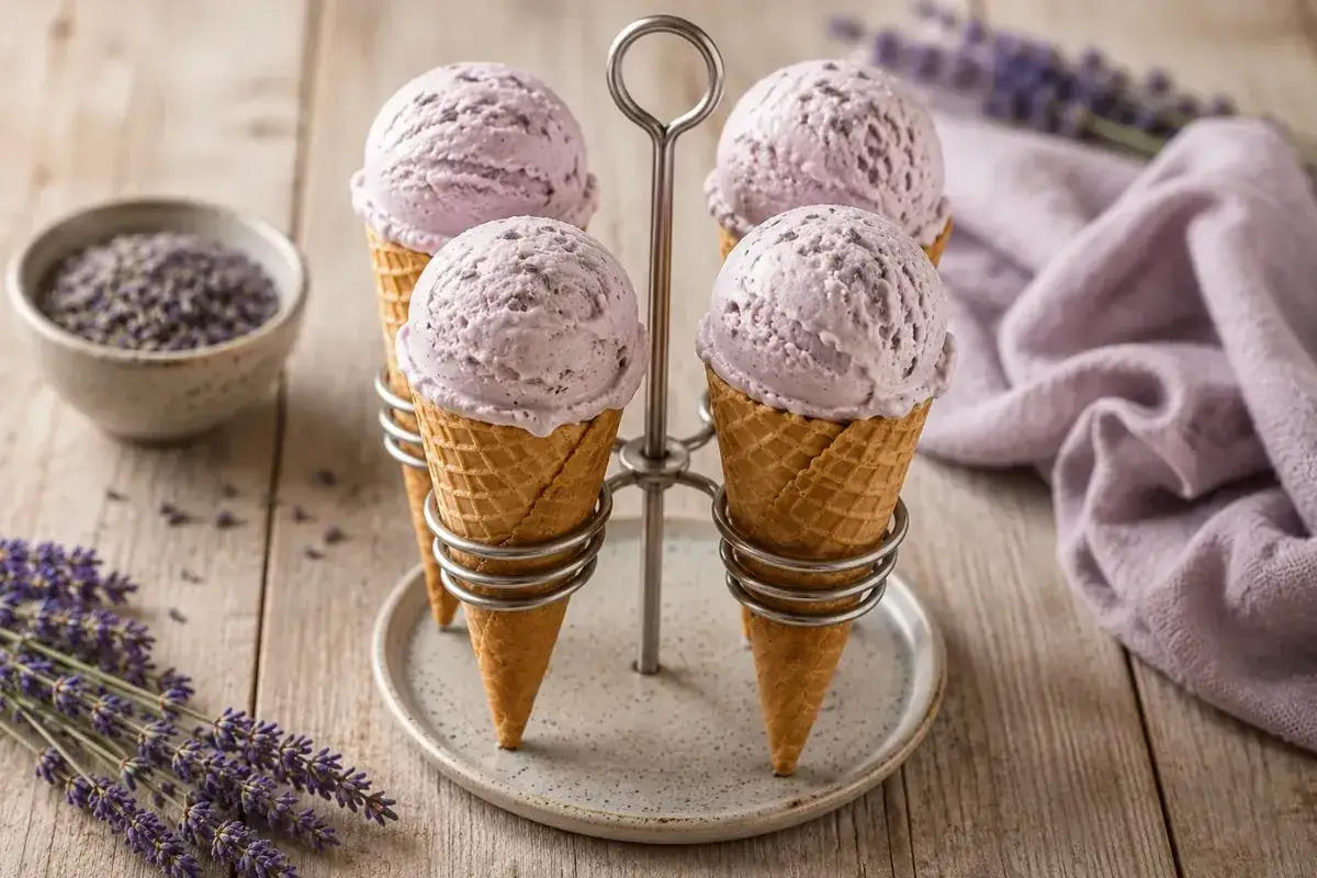 Vier Eiswaffeln mit cremigem Lavendeleis stehen auf einem St&auml;nder. Daneben liegen Lavendelzweige und eine Schale mit Lavendelbl&uuml;ten.