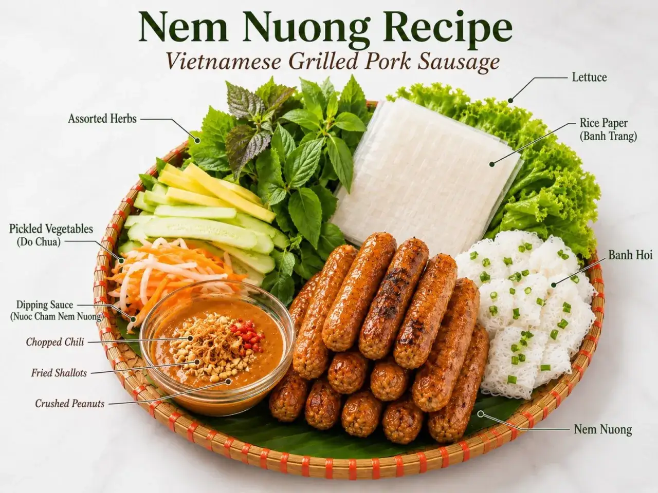 Gegrillte Schweinewürstchen (Nem Nuong) mit frischen Kräutern, Reisnudeln, Reispapier und Erdnusssauce. Ein Fest für die Sinne!