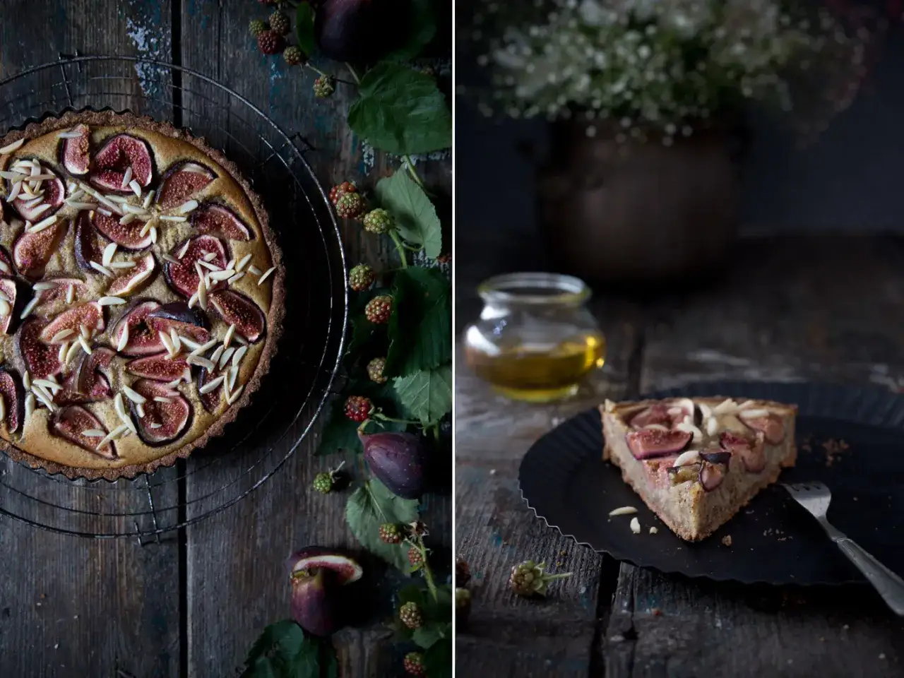 Eine k&ouml;stliche Feigen Tarte, garniert mit Mandelsplittern und frischen Feigen, auf einem rustikalen Holztisch. Daneben ein St&uuml;ck Tarte auf einem schwarzen Teller.
