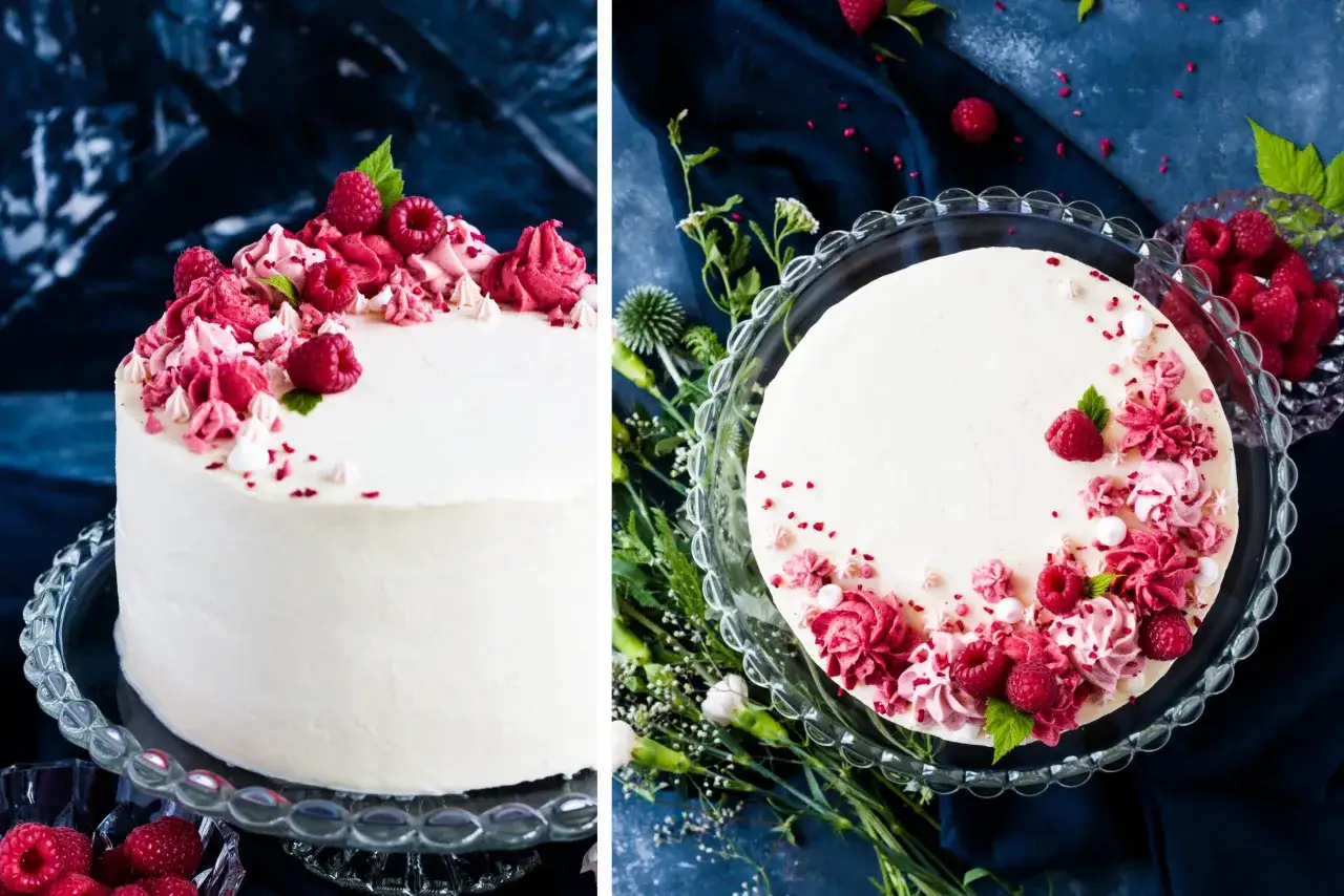 Eine cremige Torte, verziert mit Himbeeren und zarter Buttercreme, erinnert an eine Macaron Torte.