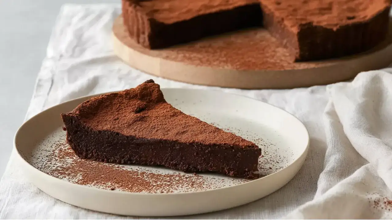 Ein Stück von einem originalen Tarte au Chocolat Rezept, bestäubt mit Kakaopulver, liegt auf einem Teller.