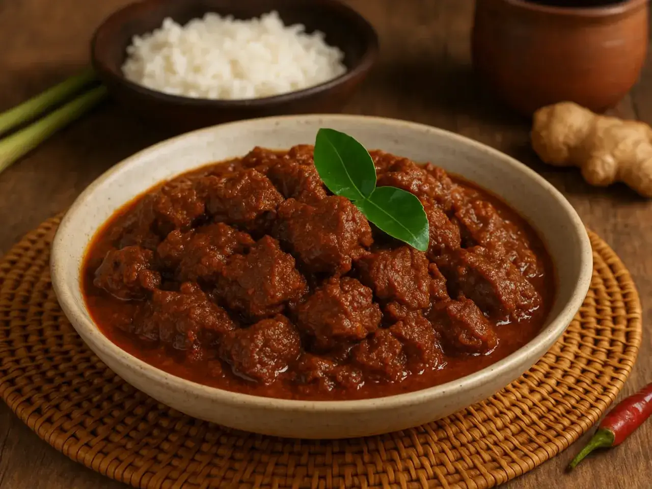 Ein Teller mit saftigem Beef Rendang, garniert mit einem grünen Blatt. Daneben Reis, Ingwer und Chili.
