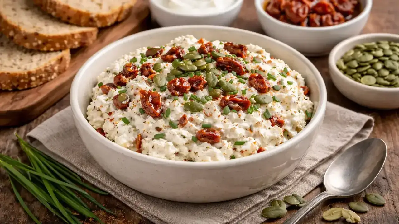Herzhafte Tworog-Rezepte: cremiger Tworog mit getrockneten Tomaten, Kürbiskernen und Schnittlauch, serviert mit Brot.