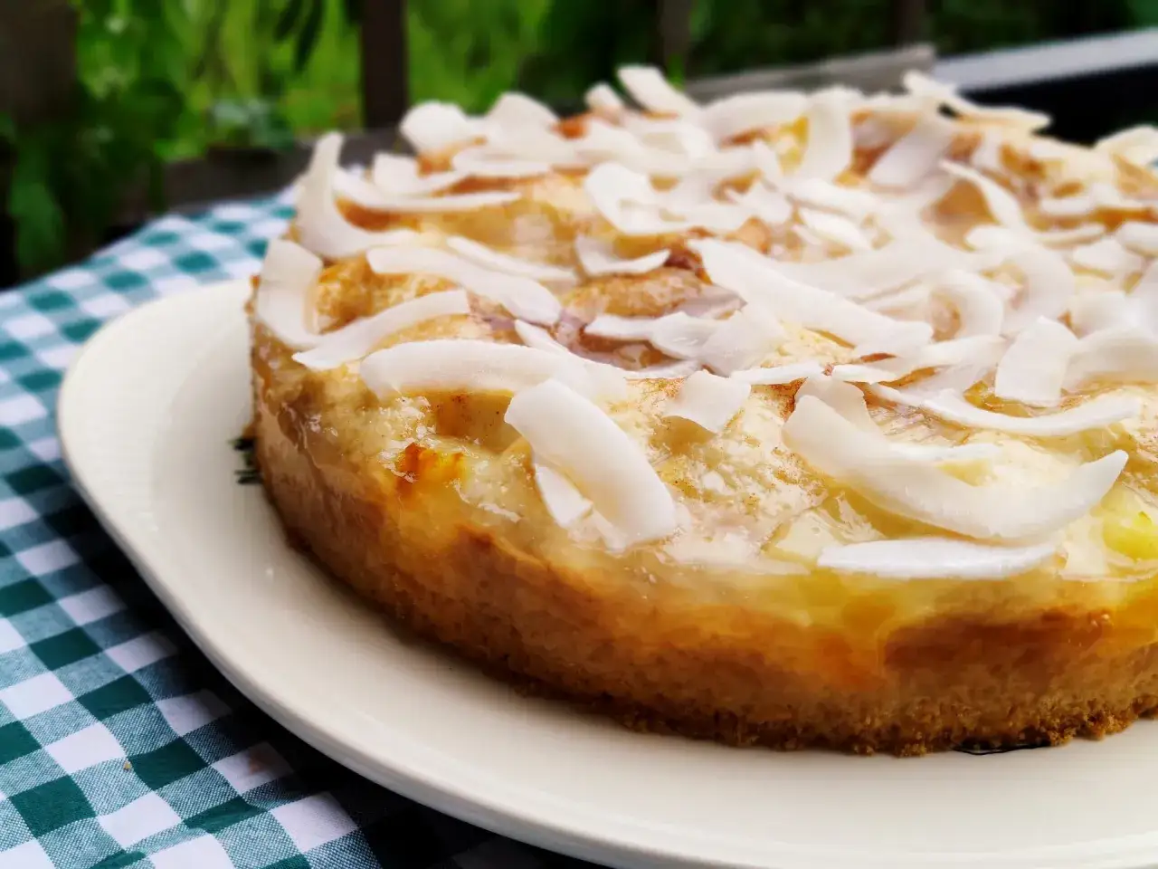 Ein k&ouml;stlicher Ananas Kokos Kuchen, goldbraun gebacken und mit zarten Kokosraspeln bestreut, wartet auf seine Genie&szlig;er.